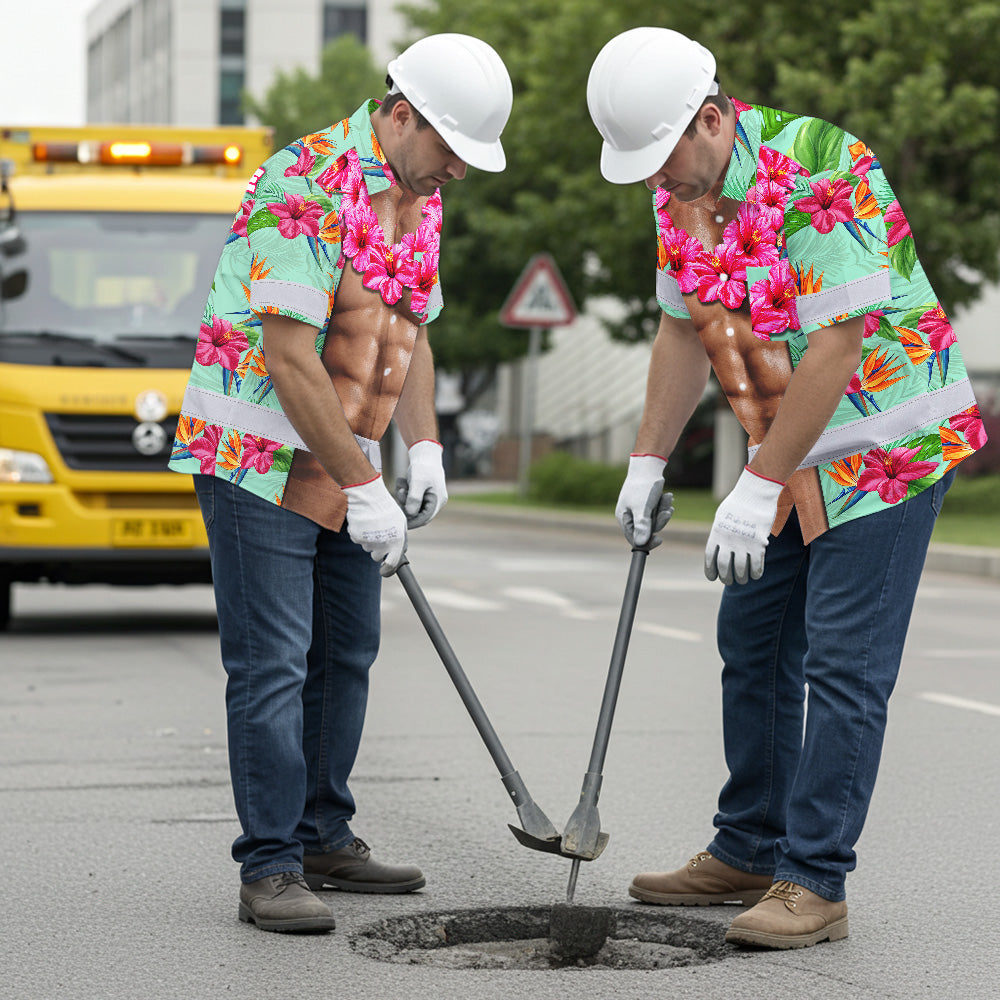 Hi Vis Hawaiian Shirt Reflective Tapes Funny Muscle 2 Custom Name Safety Workwear For Workers, Truckers, Operators