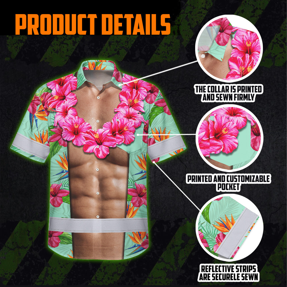 Hi Vis Hawaiian Shirt Reflective Tapes Funny Muscle 2 Custom Name Safety Workwear For Workers, Truckers, Operators