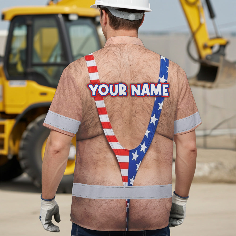 Hi Vis Hawaiian Shirt Reflective Tapes Funny Chest Hair Custom Name Safety Workwear For Workers, Truckers, Operators