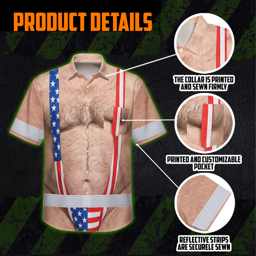 Hi Vis Hawaiian Shirt Reflective Tapes Funny Chest Hair Custom Name Safety Workwear For Workers, Truckers, Operators