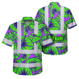 Hi Vis Hawaiian Shirt Reflective Tapes Green Neon Violet Anthurium Custom Name Safety Workwear For Workers, Truckers, Operators
