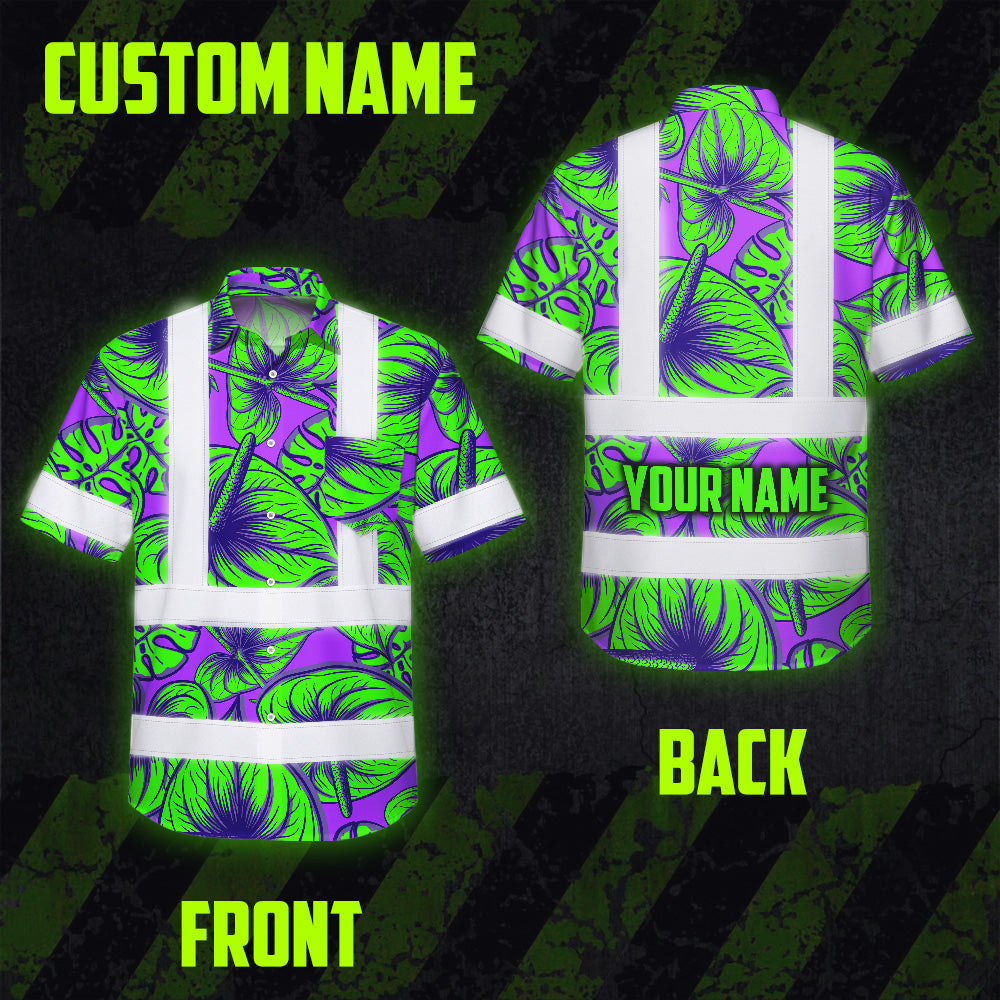 Hi Vis Hawaiian Shirt Reflective Tapes Green Neon Violet Anthurium Custom Name Safety Workwear For Workers, Truckers, Operators