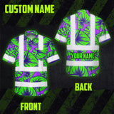 Hi Vis Hawaiian Shirt Reflective Tapes Green Neon Violet Anthurium Custom Name Safety Workwear For Workers, Truckers, Operators