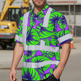 Hi Vis Hawaiian Shirt Reflective Tapes Green Neon Violet Anthurium Custom Name Safety Workwear For Workers, Truckers, Operators