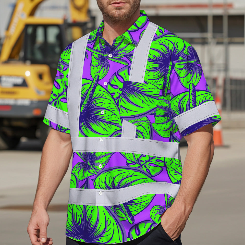Hi Vis Hawaiian Shirt Reflective Tapes Green Neon Violet Anthurium Custom Name Safety Workwear For Workers, Truckers, Operators