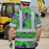 Hi Vis Hawaiian Shirt Reflective Tapes Green Neon Violet Anthurium Custom Name Safety Workwear For Workers, Truckers, Operators