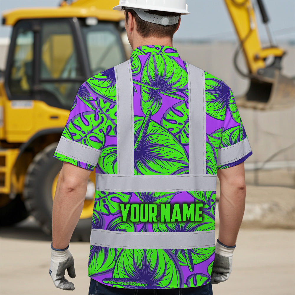 Hi Vis Hawaiian Shirt Reflective Tapes Green Neon Violet Anthurium Custom Name Safety Workwear For Workers, Truckers, Operators