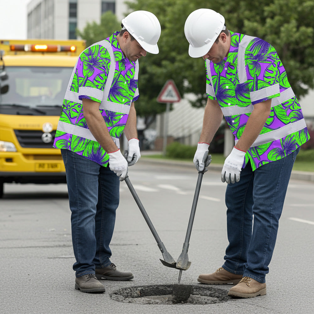 Hi Vis Hawaiian Shirt Reflective Tapes Green Neon Violet Anthurium Custom Name Safety Workwear For Workers, Truckers, Operators