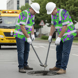 Hi Vis Hawaiian Shirt Reflective Tapes Green Neon Violet Anthurium Custom Name Safety Workwear For Workers, Truckers, Operators
