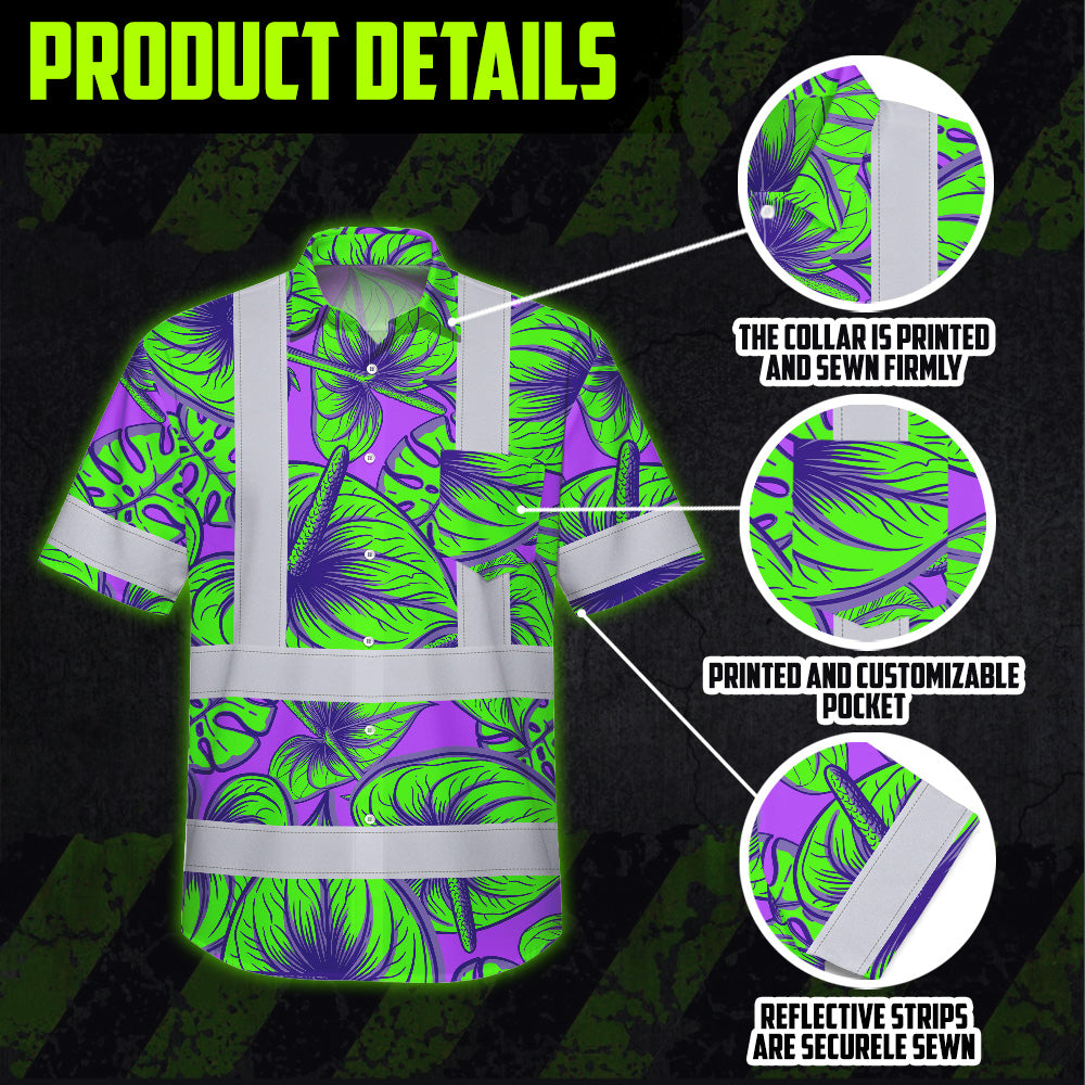 Hi Vis Hawaiian Shirt Reflective Tapes Green Neon Violet Anthurium Custom Name Safety Workwear For Workers, Truckers, Operators