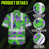Hi Vis Hawaiian Shirt Reflective Tapes Green Neon Violet Anthurium Custom Name Safety Workwear For Workers, Truckers, Operators