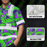 Hi Vis Hawaiian Shirt Reflective Tapes Green Neon Violet Anthurium Custom Name Safety Workwear For Workers, Truckers, Operators