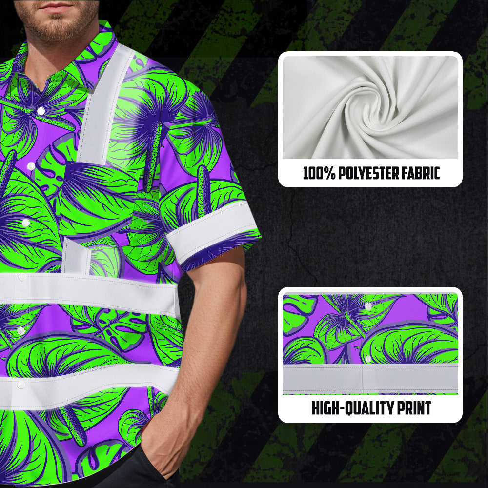 Hi Vis Hawaiian Shirt Reflective Tapes Green Neon Violet Anthurium Custom Name Safety Workwear For Workers, Truckers, Operators