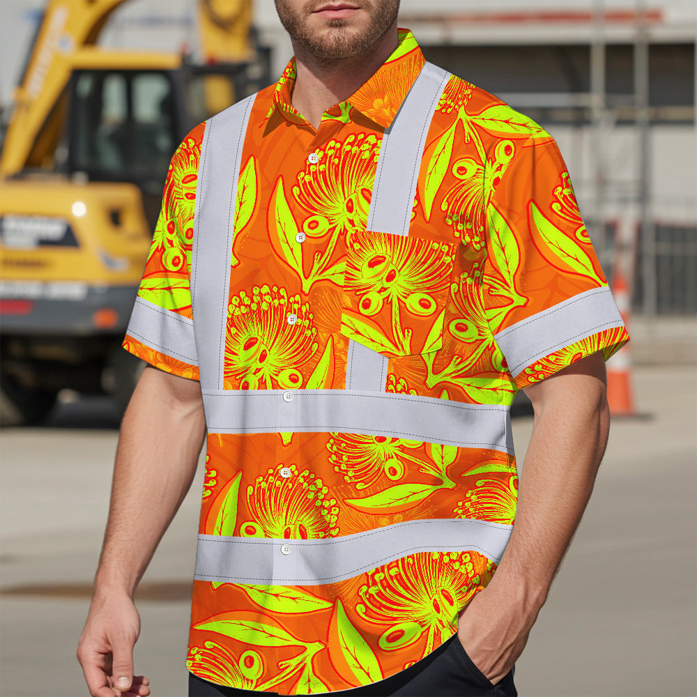 Hi Vis Hawaiian Shirt Reflective Tapes Orange Neon Ohia Lehua Custom Name Safety Workwear For Workers, Truckers, Operators