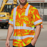 Hi Vis Hawaiian Shirt Reflective Tapes Orange Neon Ohia Lehua Custom Name Safety Workwear For Workers, Truckers, Operators