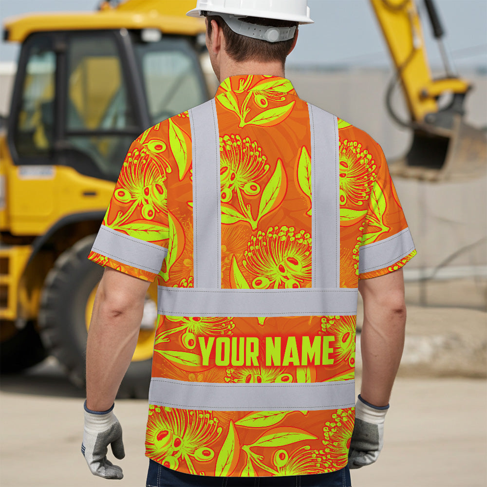 Hi Vis Hawaiian Shirt Reflective Tapes Orange Neon Ohia Lehua Custom Name Safety Workwear For Workers, Truckers, Operators