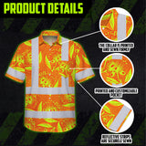 Hi Vis Hawaiian Shirt Reflective Tapes Orange Neon Ohia Lehua Custom Name Safety Workwear For Workers, Truckers, Operators