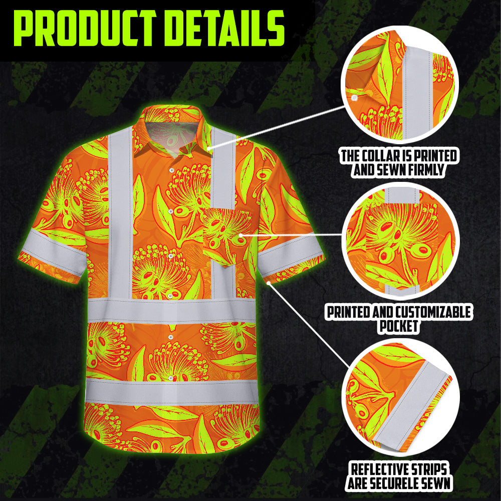 Hi Vis Hawaiian Shirt Reflective Tapes Orange Neon Ohia Lehua Custom Name Safety Workwear For Workers, Truckers, Operators