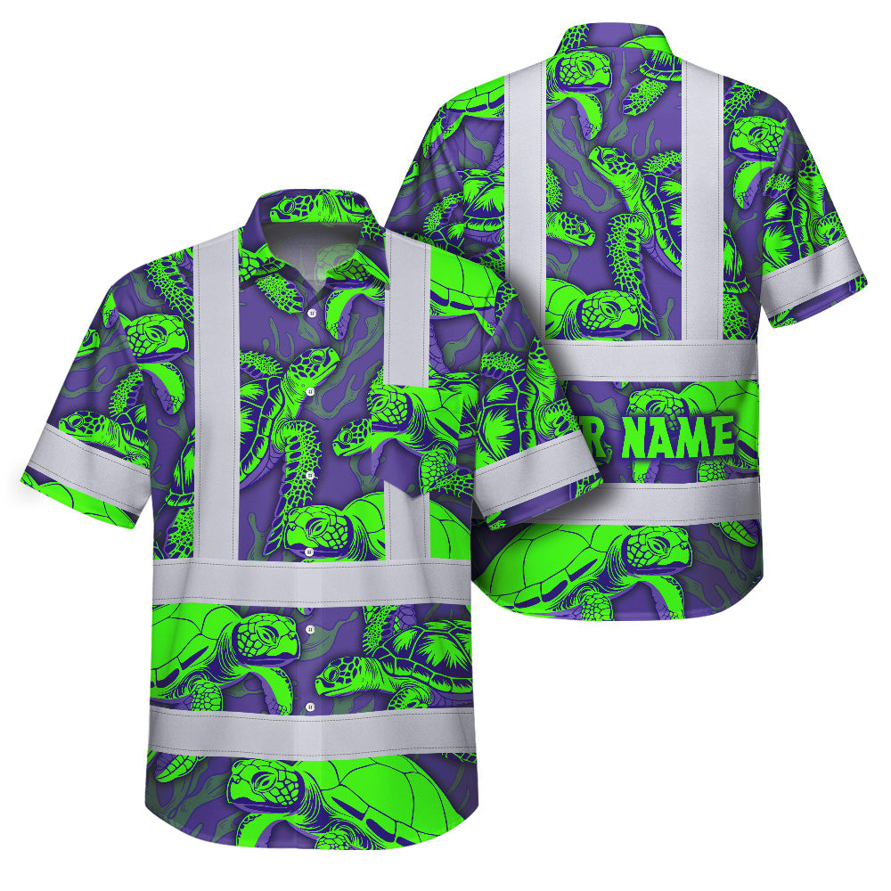 Hi Vis Hawaiian Shirt Reflective Tapes Green Violet Turtle Custom Name Safety Workwear For Workers, Truckers, Operators