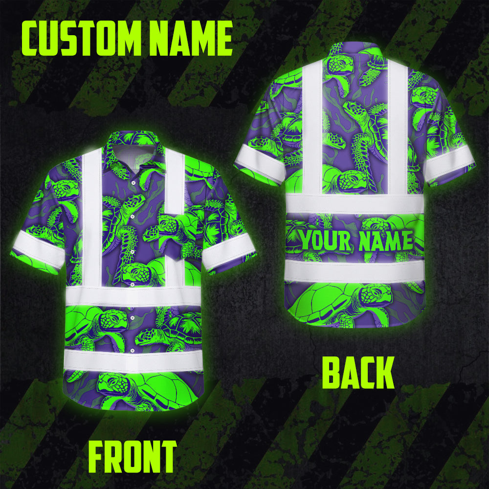 Hi Vis Hawaiian Shirt Reflective Tapes Green Violet Turtle Custom Name Safety Workwear For Workers, Truckers, Operators
