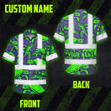 Hi Vis Hawaiian Shirt Reflective Tapes Green Violet Turtle Custom Name Safety Workwear For Workers, Truckers, Operators