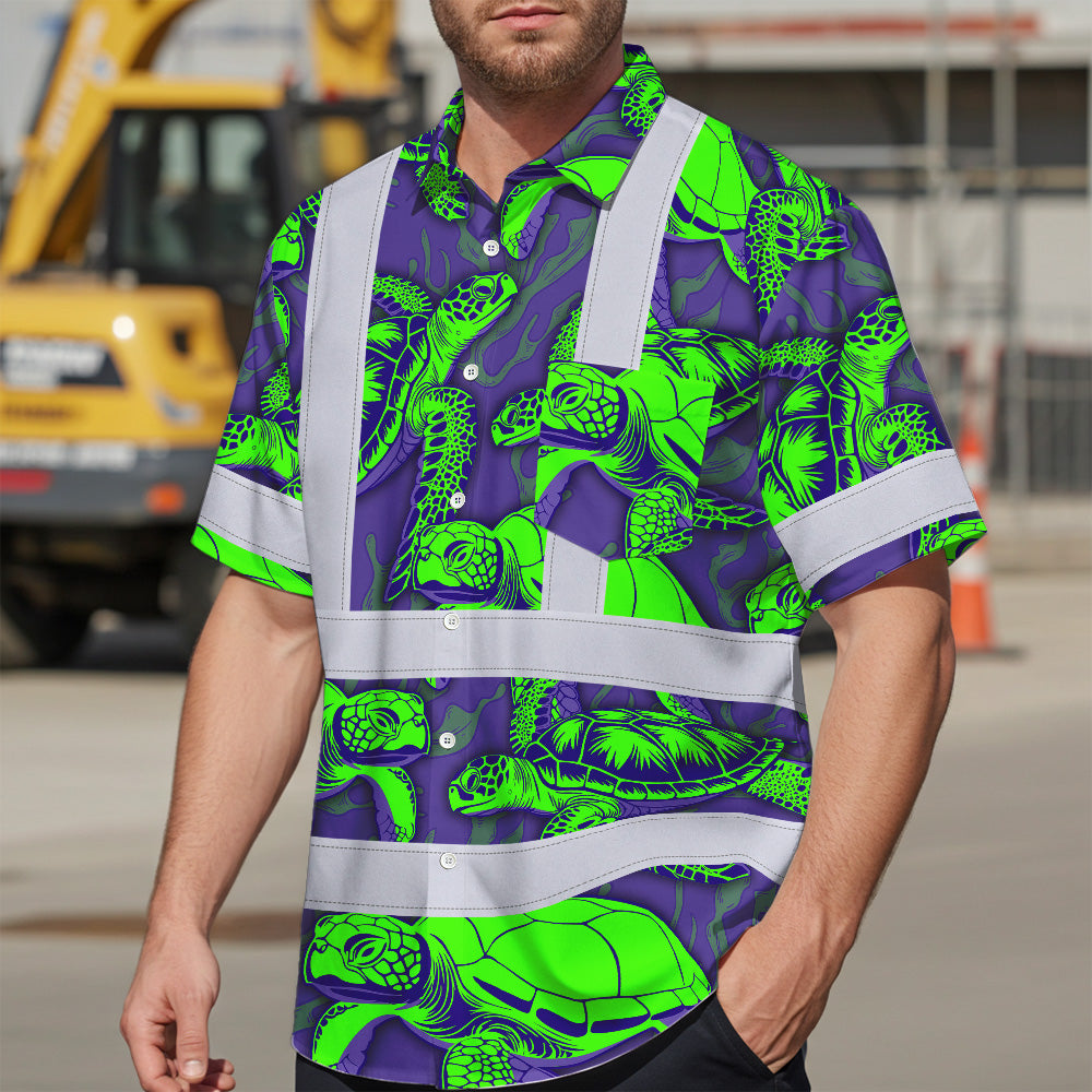 Hi Vis Hawaiian Shirt Reflective Tapes Green Violet Turtle Custom Name Safety Workwear For Workers, Truckers, Operators