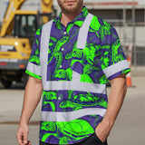Hi Vis Hawaiian Shirt Reflective Tapes Green Violet Turtle Custom Name Safety Workwear For Workers, Truckers, Operators