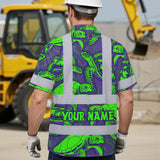 Hi Vis Hawaiian Shirt Reflective Tapes Green Violet Turtle Custom Name Safety Workwear For Workers, Truckers, Operators