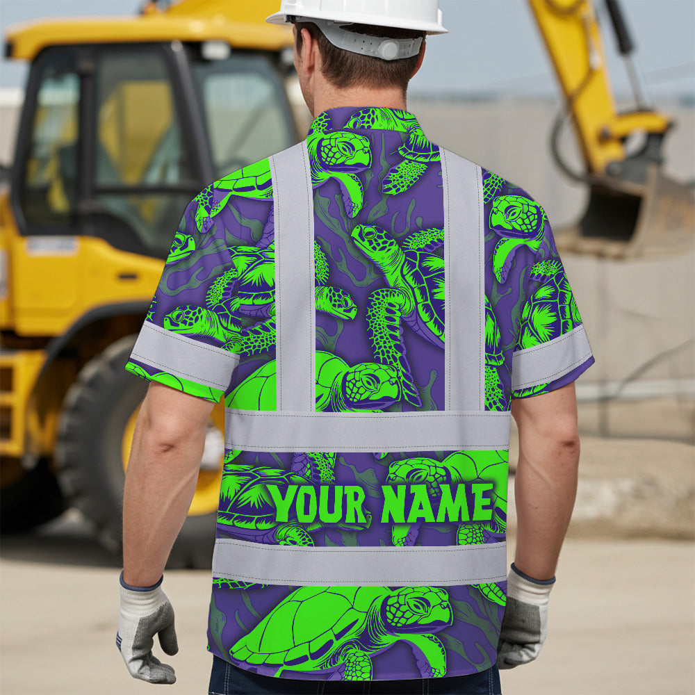 Hi Vis Hawaiian Shirt Reflective Tapes Green Violet Turtle Custom Name Safety Workwear For Workers, Truckers, Operators