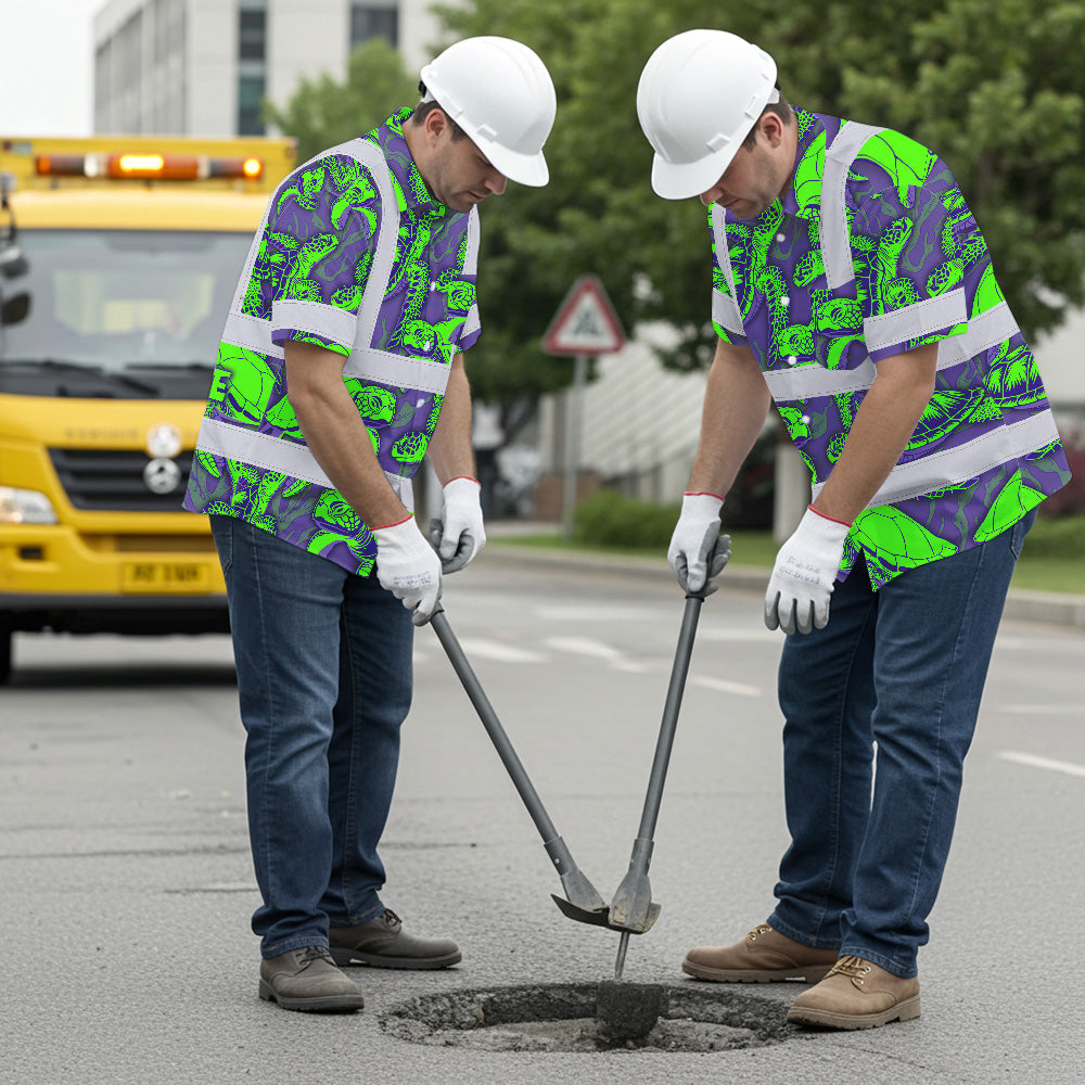Hi Vis Hawaiian Shirt Reflective Tapes Green Violet Turtle Custom Name Safety Workwear For Workers, Truckers, Operators