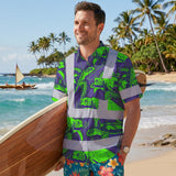 Hi Vis Hawaiian Shirt Reflective Tapes Green Violet Turtle Custom Name Safety Workwear For Workers, Truckers, Operators