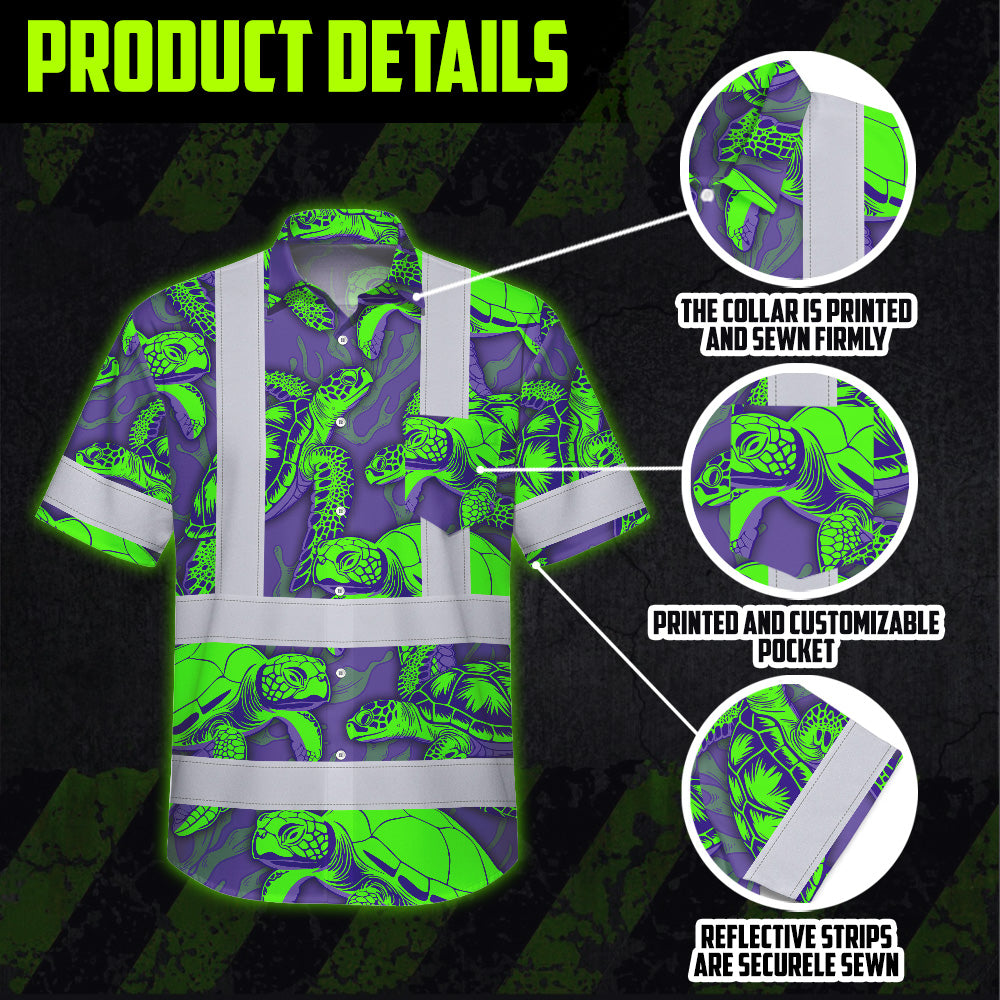 Hi Vis Hawaiian Shirt Reflective Tapes Green Violet Turtle Custom Name Safety Workwear For Workers, Truckers, Operators