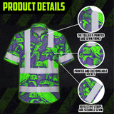 Hi Vis Hawaiian Shirt Reflective Tapes Green Violet Turtle Custom Name Safety Workwear For Workers, Truckers, Operators