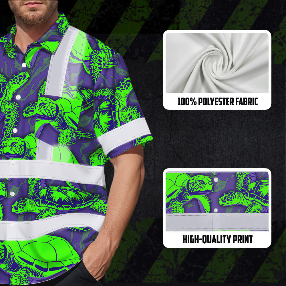 Hi Vis Hawaiian Shirt Reflective Tapes Green Violet Turtle Custom Name Safety Workwear For Workers, Truckers, Operators