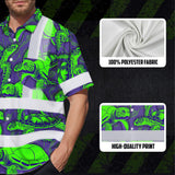 Hi Vis Hawaiian Shirt Reflective Tapes Green Violet Turtle Custom Name Safety Workwear For Workers, Truckers, Operators
