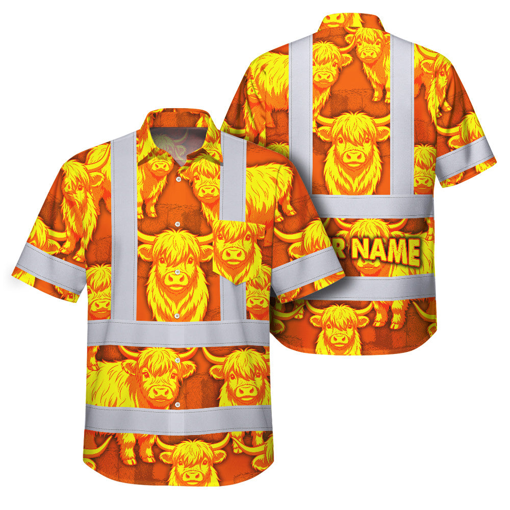 Hi Vis Hawaiian Shirt Reflective Tapes Yellow Orange Cow 2 Custom Name Safety Workwear For Workers, Truckers, Operators