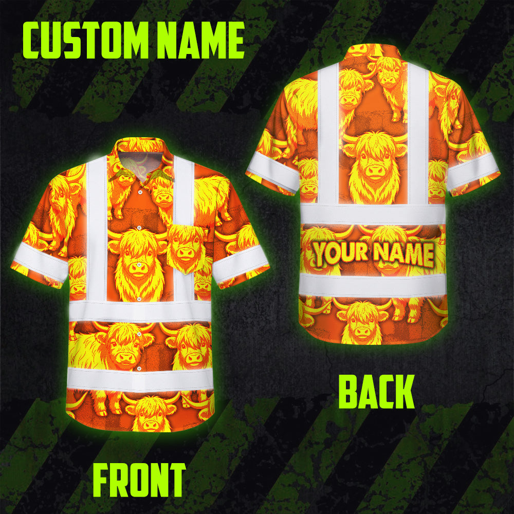 Hi Vis Hawaiian Shirt Reflective Tapes Yellow Orange Cow 2 Custom Name Safety Workwear For Workers, Truckers, Operators