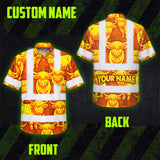 Hi Vis Hawaiian Shirt Reflective Tapes Yellow Orange Cow 2 Custom Name Safety Workwear For Workers, Truckers, Operators