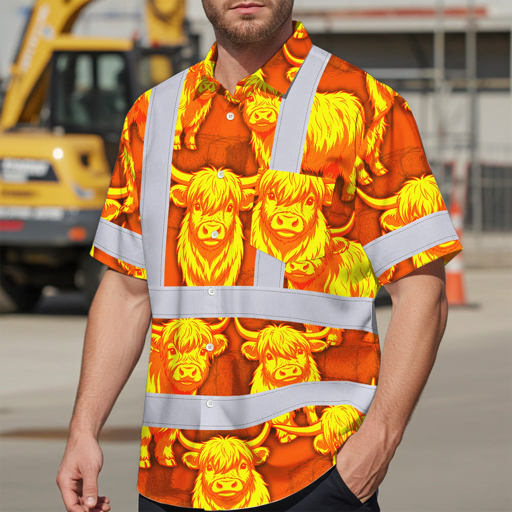 Hi Vis Hawaiian Shirt Reflective Tapes Yellow Orange Cow 2 Custom Name Safety Workwear For Workers, Truckers, Operators