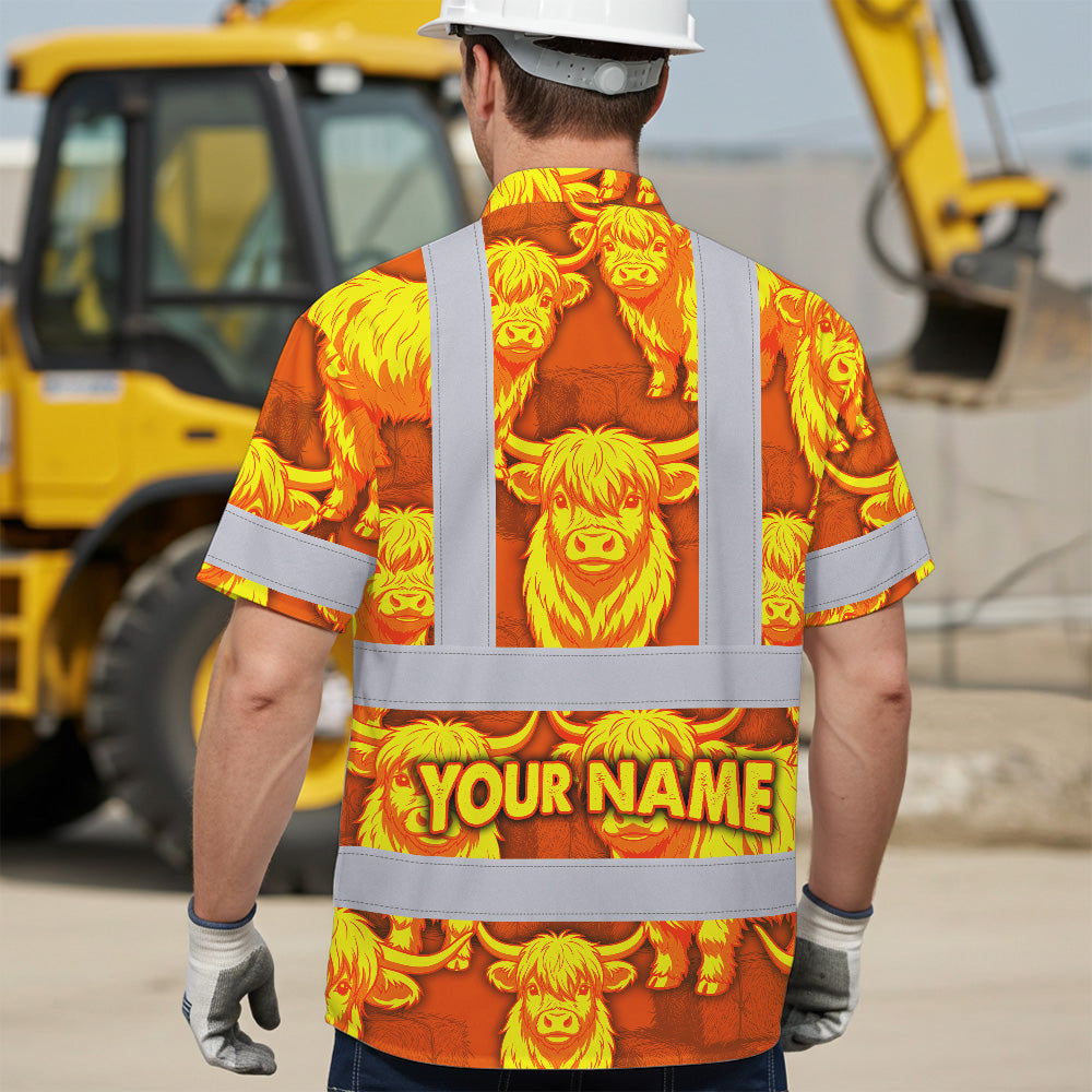 Hi Vis Hawaiian Shirt Reflective Tapes Yellow Orange Cow 2 Custom Name Safety Workwear For Workers, Truckers, Operators