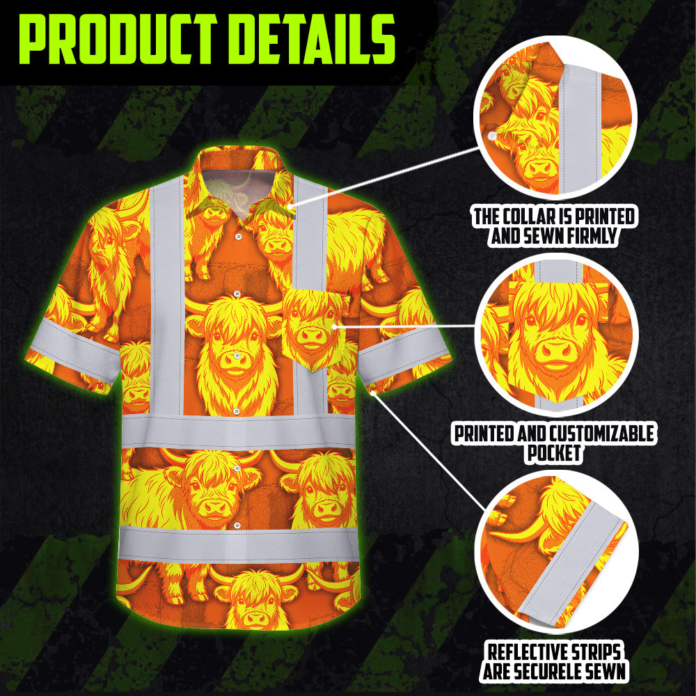Hi Vis Hawaiian Shirt Reflective Tapes Yellow Orange Cow 2 Custom Name Safety Workwear For Workers, Truckers, Operators