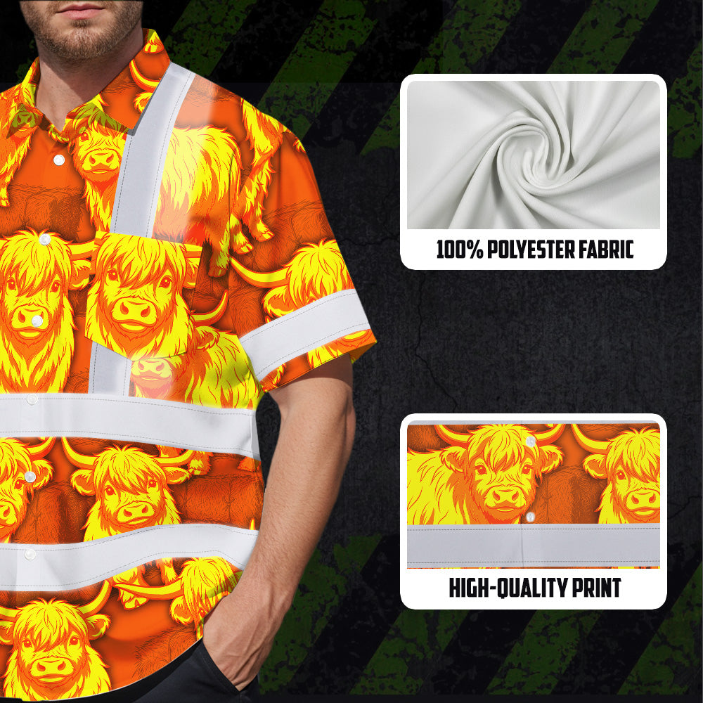 Hi Vis Hawaiian Shirt Reflective Tapes Yellow Orange Cow 2 Custom Name Safety Workwear For Workers, Truckers, Operators