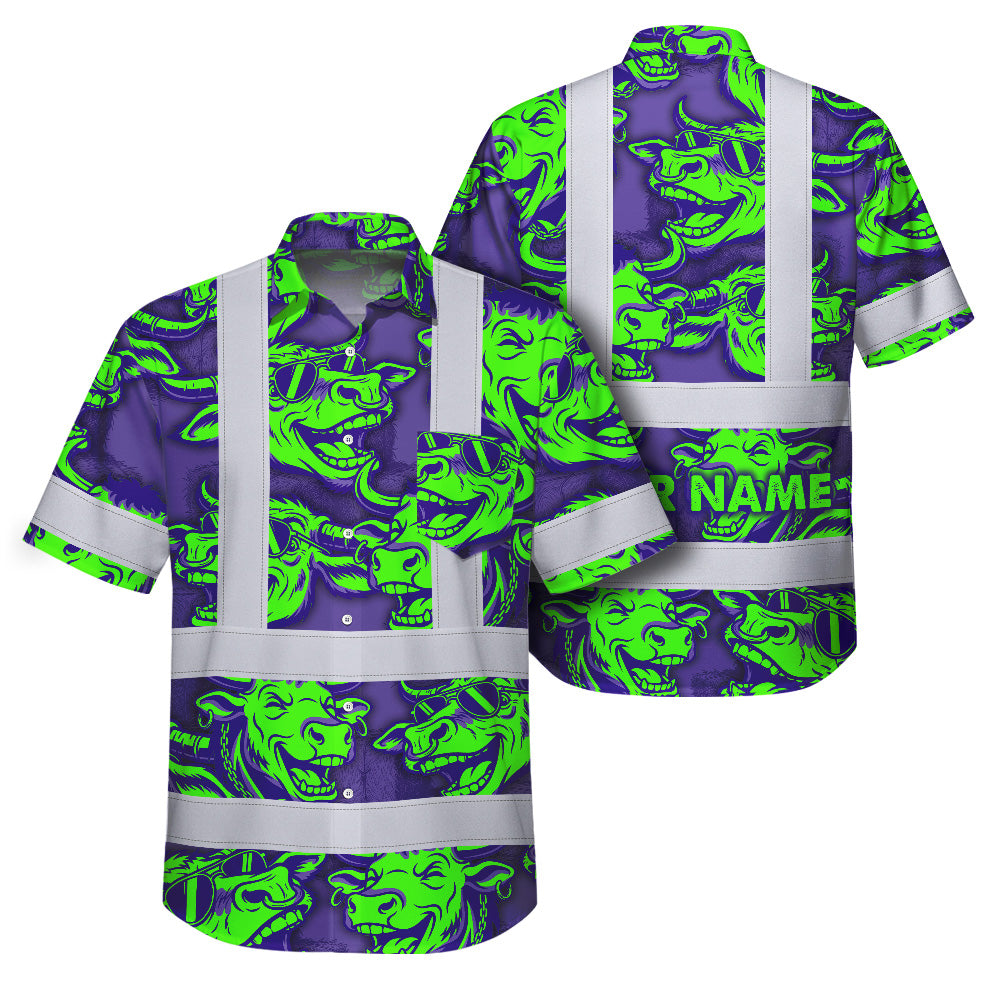 Hi Vis Hawaiian Shirt Reflective Tapes Green Violet Cow Custom Name Safety Workwear For Workers, Truckers, Operators