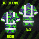 Hi Vis Hawaiian Shirt Reflective Tapes Green Violet Cow Custom Name Safety Workwear For Workers, Truckers, Operators