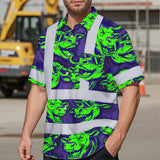 Hi Vis Hawaiian Shirt Reflective Tapes Green Violet Cow Custom Name Safety Workwear For Workers, Truckers, Operators
