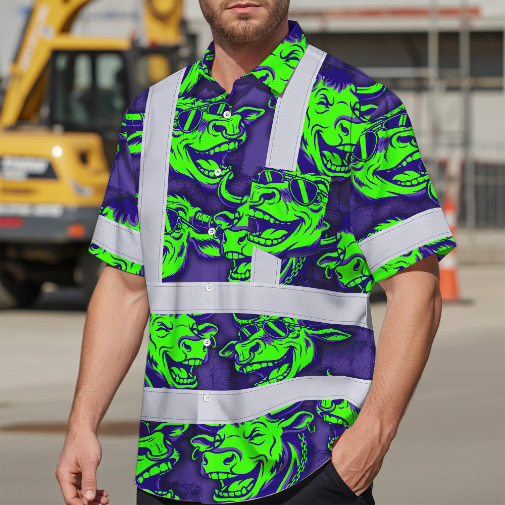 Hi Vis Hawaiian Shirt Reflective Tapes Green Violet Cow Custom Name Safety Workwear For Workers, Truckers, Operators