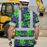 Hi Vis Hawaiian Shirt Reflective Tapes Green Violet Cow Custom Name Safety Workwear For Workers, Truckers, Operators