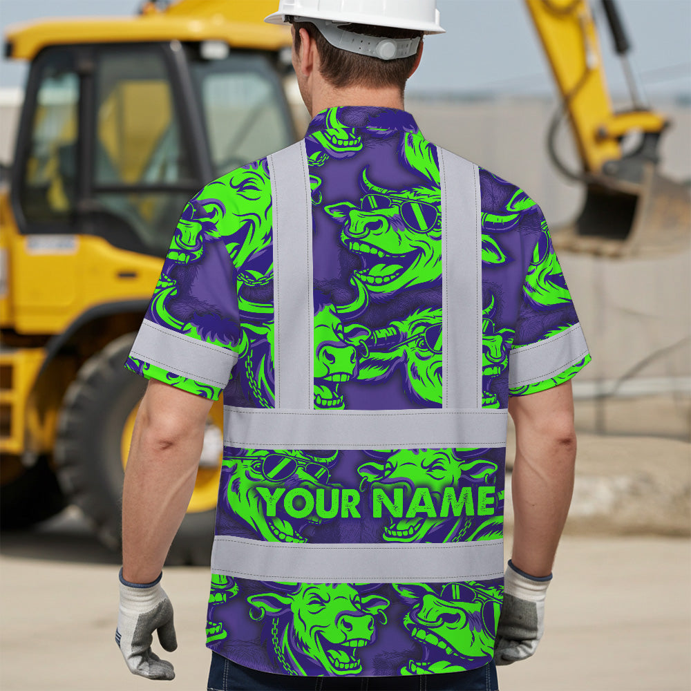 Hi Vis Hawaiian Shirt Reflective Tapes Green Violet Cow Custom Name Safety Workwear For Workers, Truckers, Operators