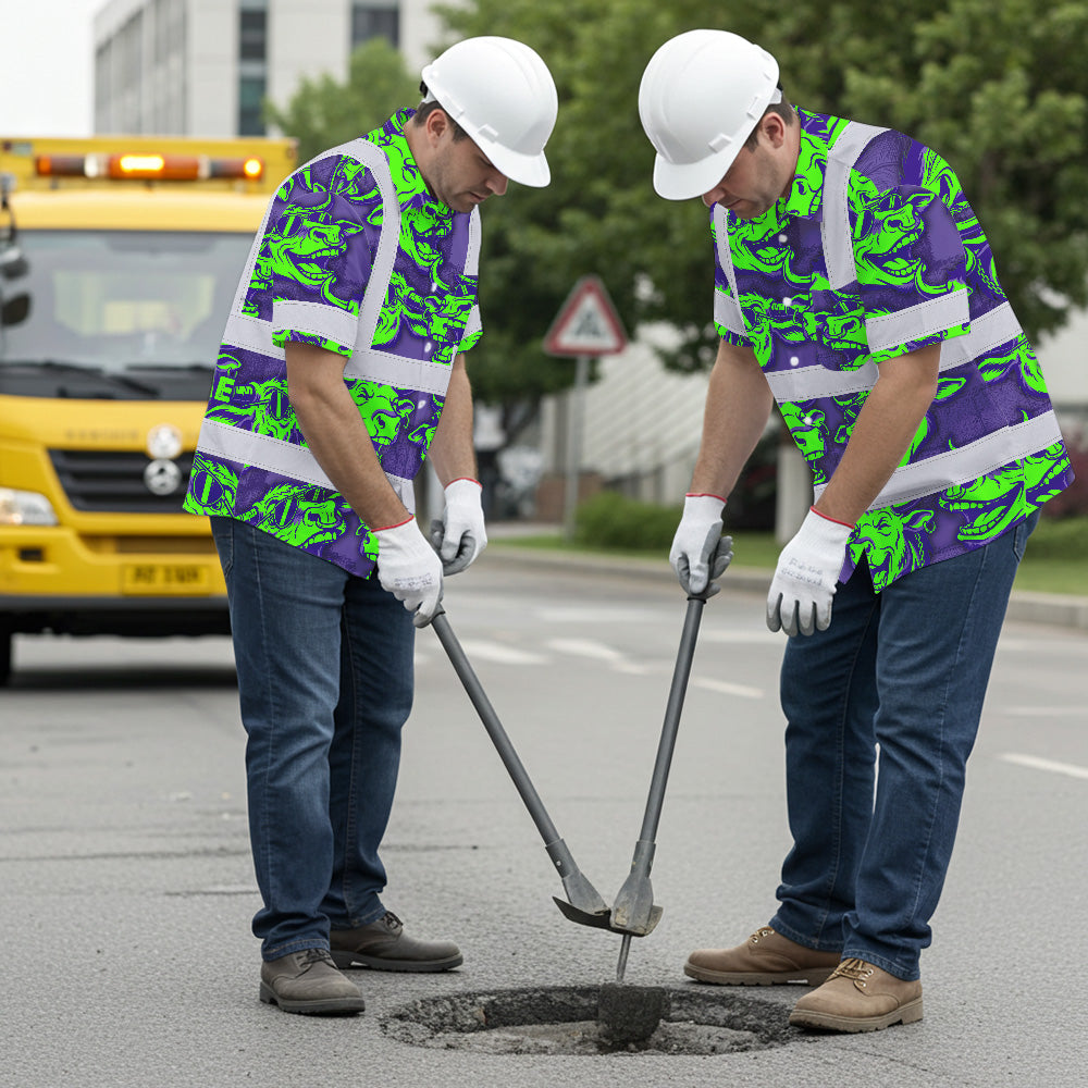 Hi Vis Hawaiian Shirt Reflective Tapes Green Violet Cow Custom Name Safety Workwear For Workers, Truckers, Operators