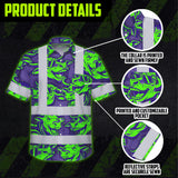 Hi Vis Hawaiian Shirt Reflective Tapes Green Violet Cow Custom Name Safety Workwear For Workers, Truckers, Operators